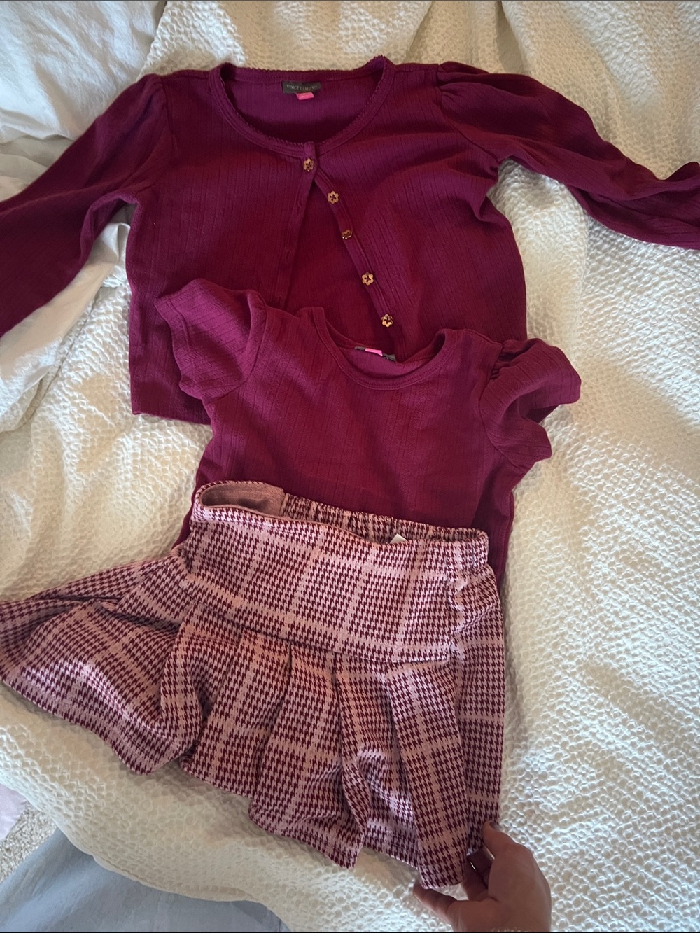 Vince Camuto Girls Burgundy Pink Matching Set - Cardigan, Top & Plaid Skirt